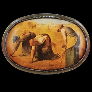 Vintage Oval Belt Buckle‎ Farmers Harvesting Wheat Scene Metal Antique Style USA